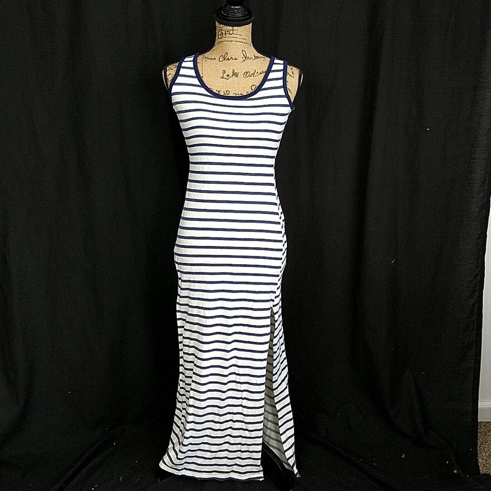 Finn & Clover Maxi Dress Womens Small Blue White Striped Racerback Side Slit